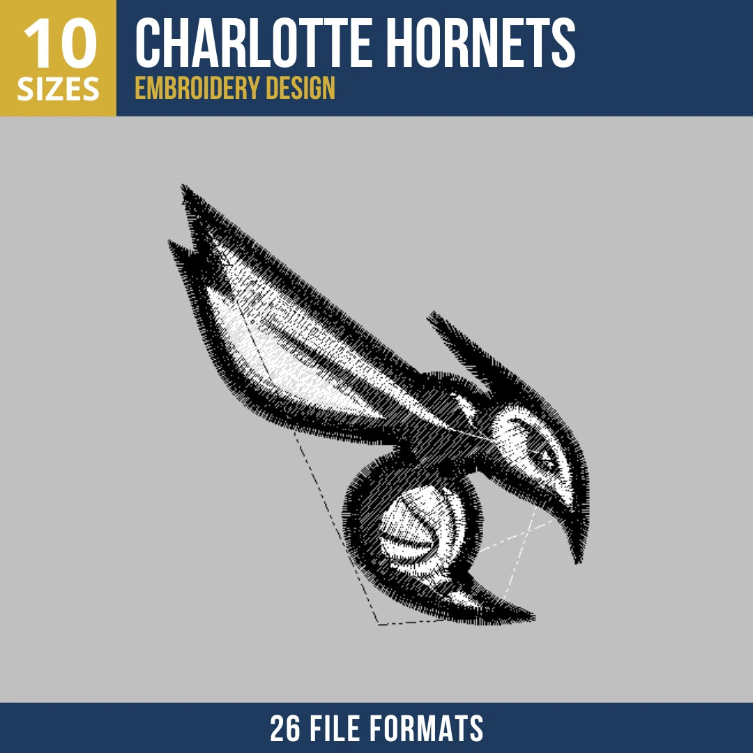 Black and White Charlotte Hornets Mascot Basketball Embroidery Design