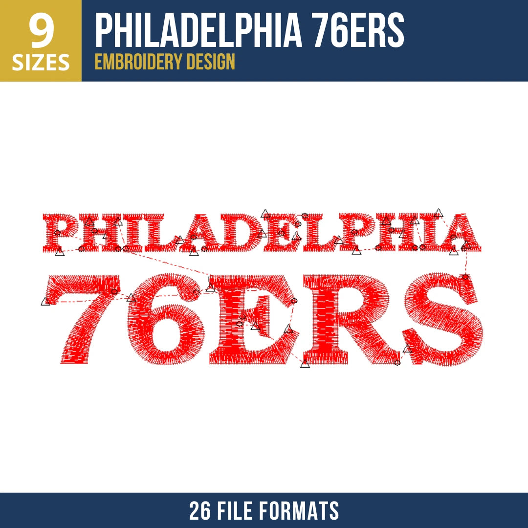 Philadelphia 76ers Stacked Wordmark Embroidery Design | 9 Sizes