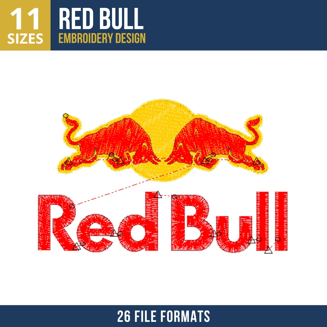 Red Bull Logo Embroidery Design with Charging Bulls and Sun Circle