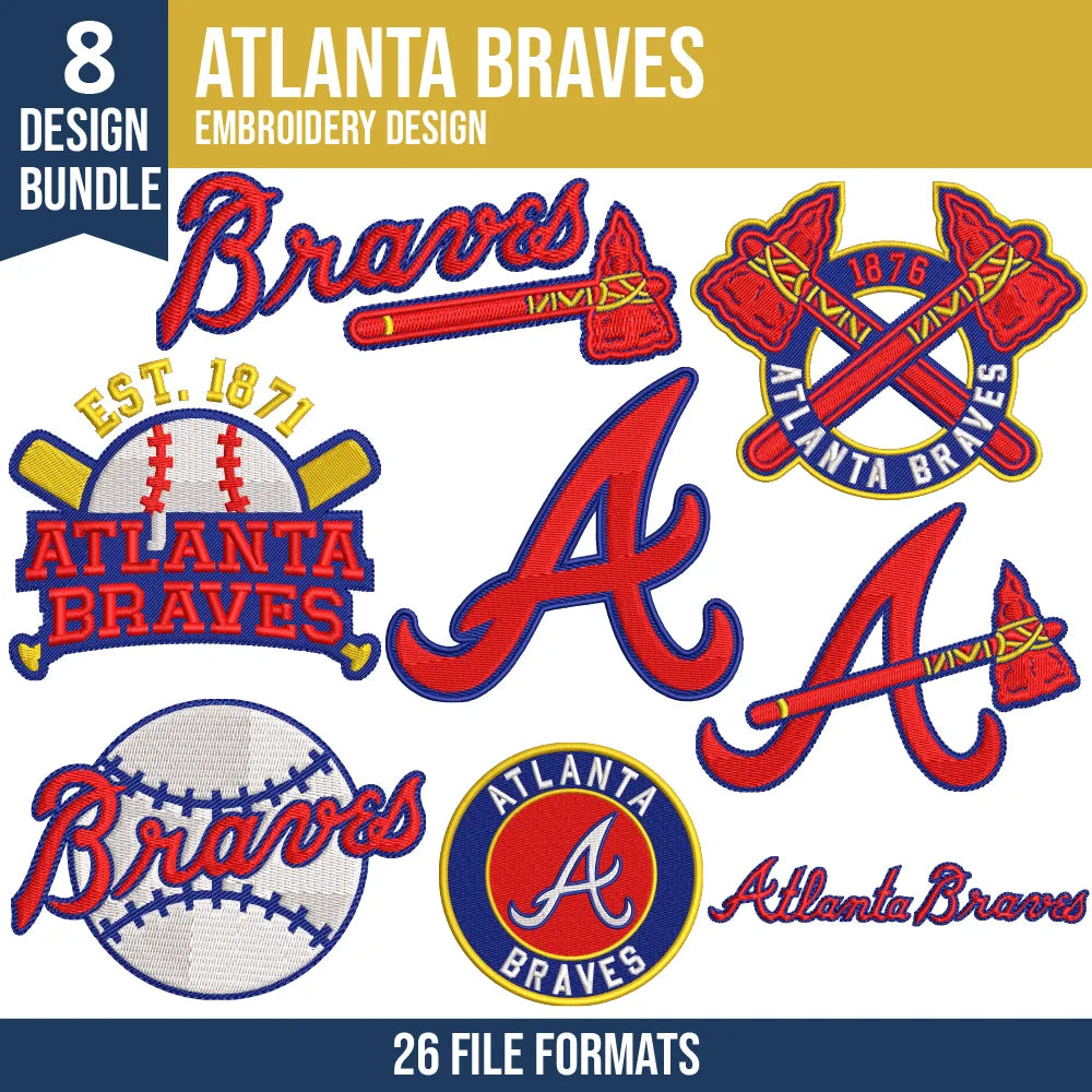 Atlanta Braves Embroidery Design Bundle – 8 MLB Designs, 26 Formats