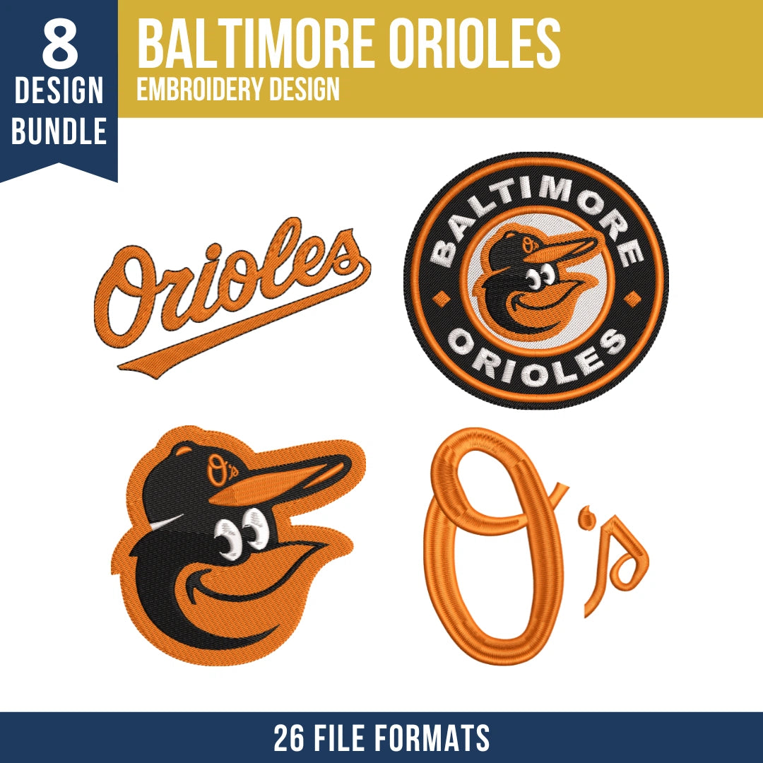 Baltimore Orioles Embroidery Design Bundle – 8 MLB Designs, 26 Formats