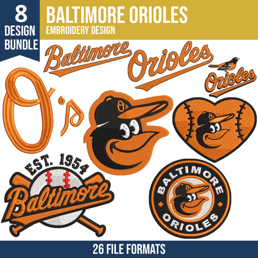 Baltimore Orioles Embroidery Design Bundle – 8 MLB Designs, 26 Formats