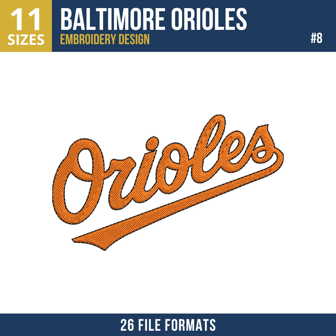 Baltimore Orioles Embroidery Design Bundle – 8 MLB Designs, 26 Formats