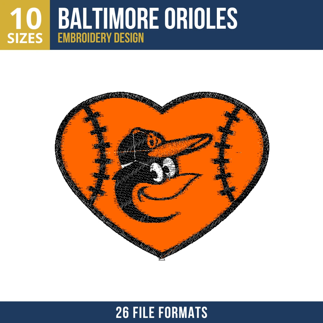 Baltimore Orioles Heart Baseball Mascot Embroidery Design