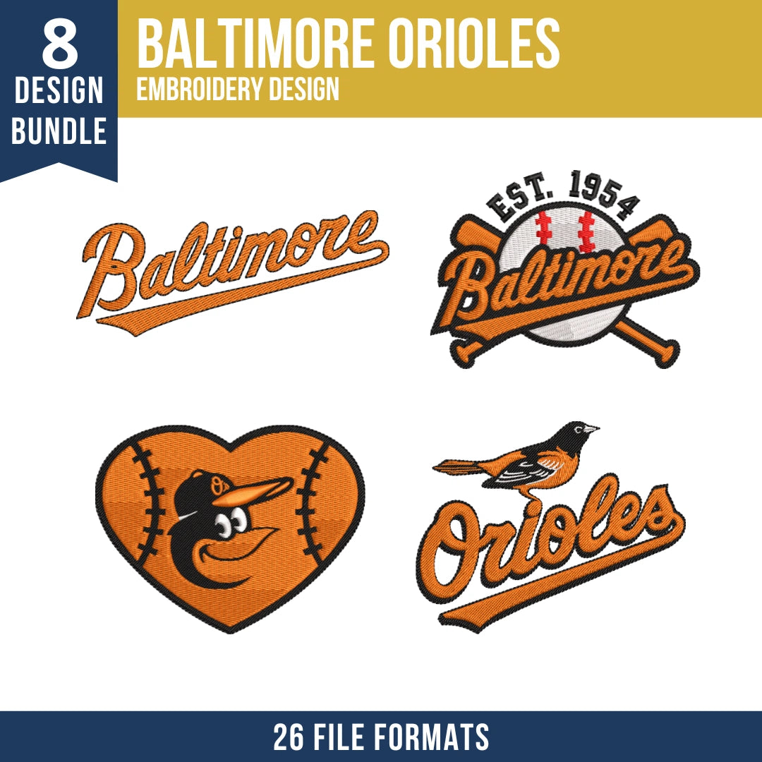Baltimore Orioles Embroidery Design Bundle – 8 MLB Designs, 26 Formats
