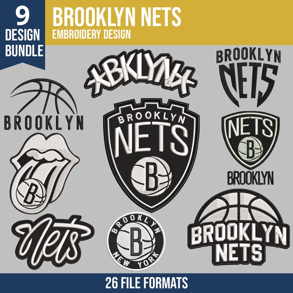 Brooklyn Nets Embroidery Design Bundle - 9 Machine Embroidery Files