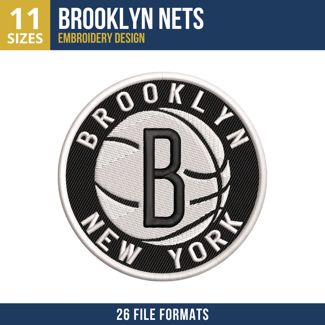 Black and White Brooklyn Nets Circle Badge Basketball Embroidery Design
