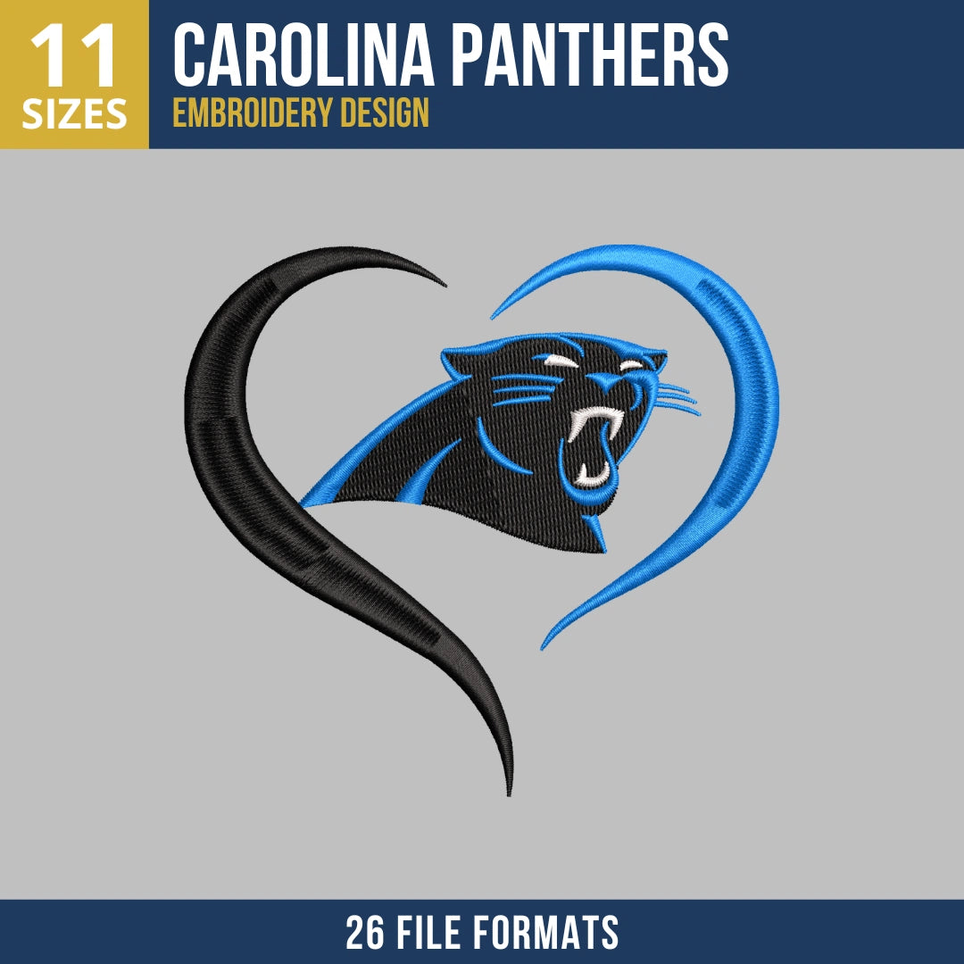 Carolina Panthers Heart Outline Panther Head Embroidery Design