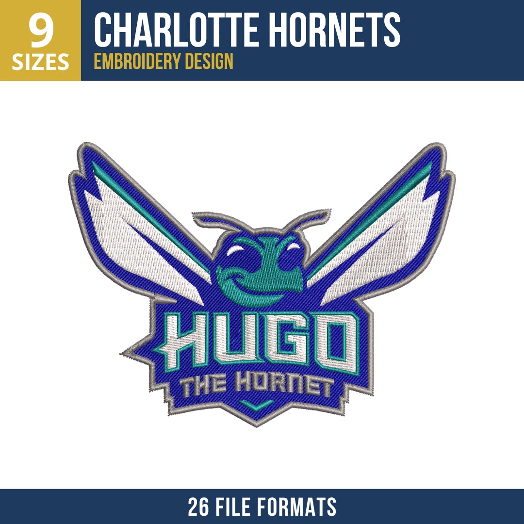 Charlotte Hornets Hugo Face Wings Banner Embroidery Design