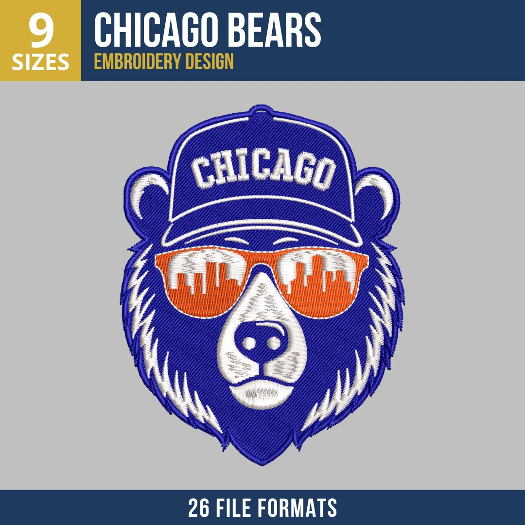Chicago Bears Bear Head with Cap and Sunglasses Embroidery Design