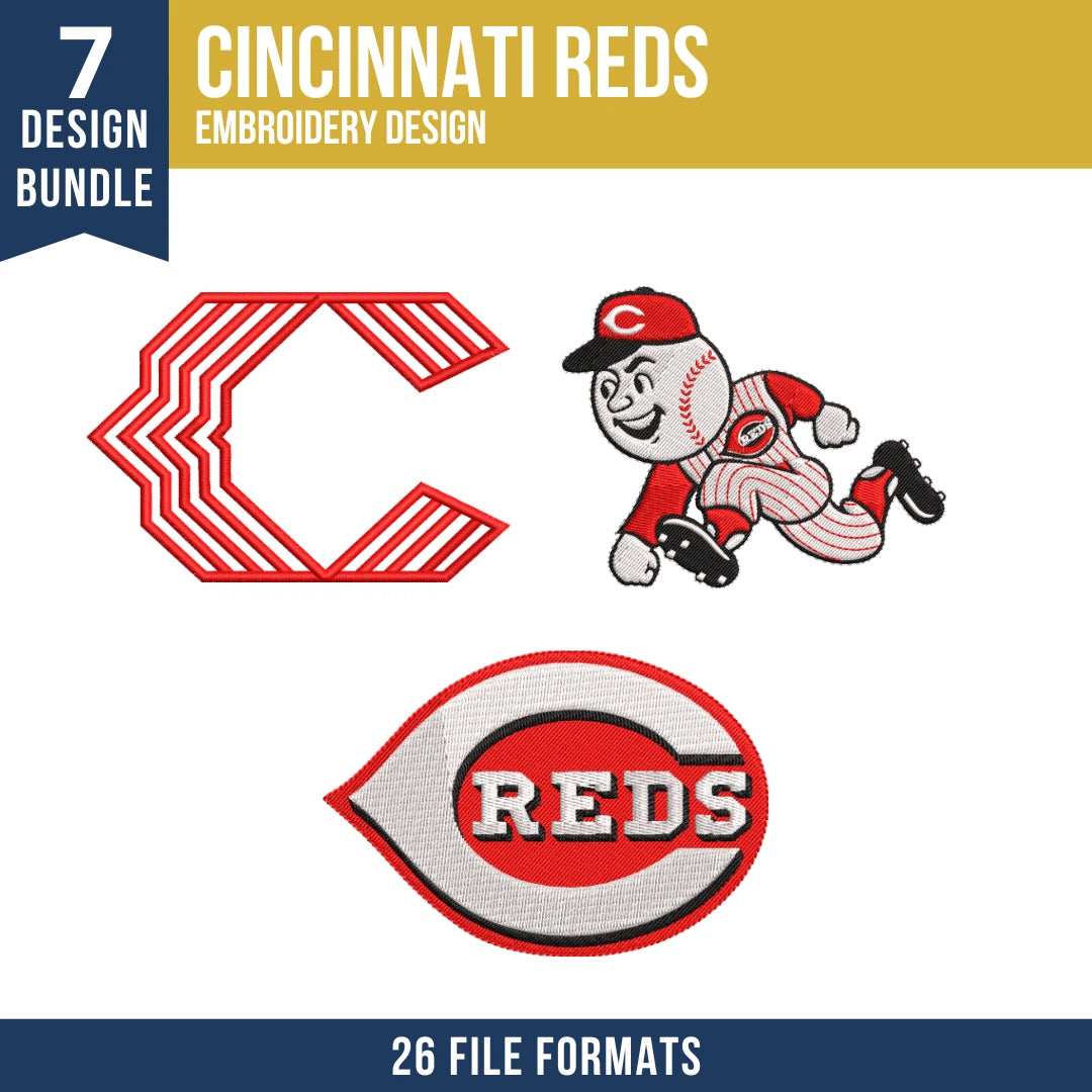 Cincinnati Reds Embroidery Design Bundle – 7 MLB Designs, 26 Formats