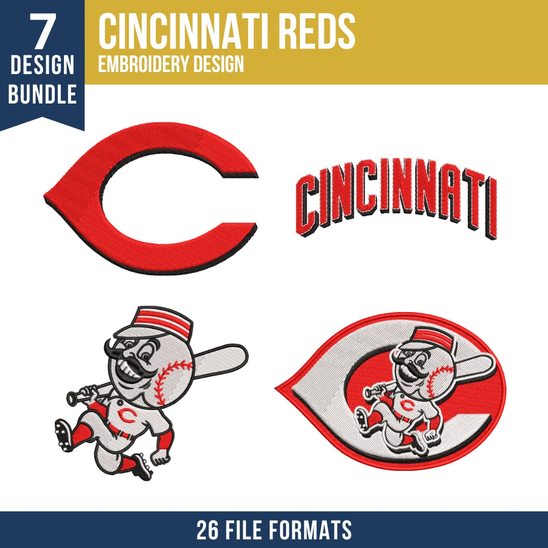 Cincinnati Reds Embroidery Design Bundle – 7 MLB Designs, 26 Formats