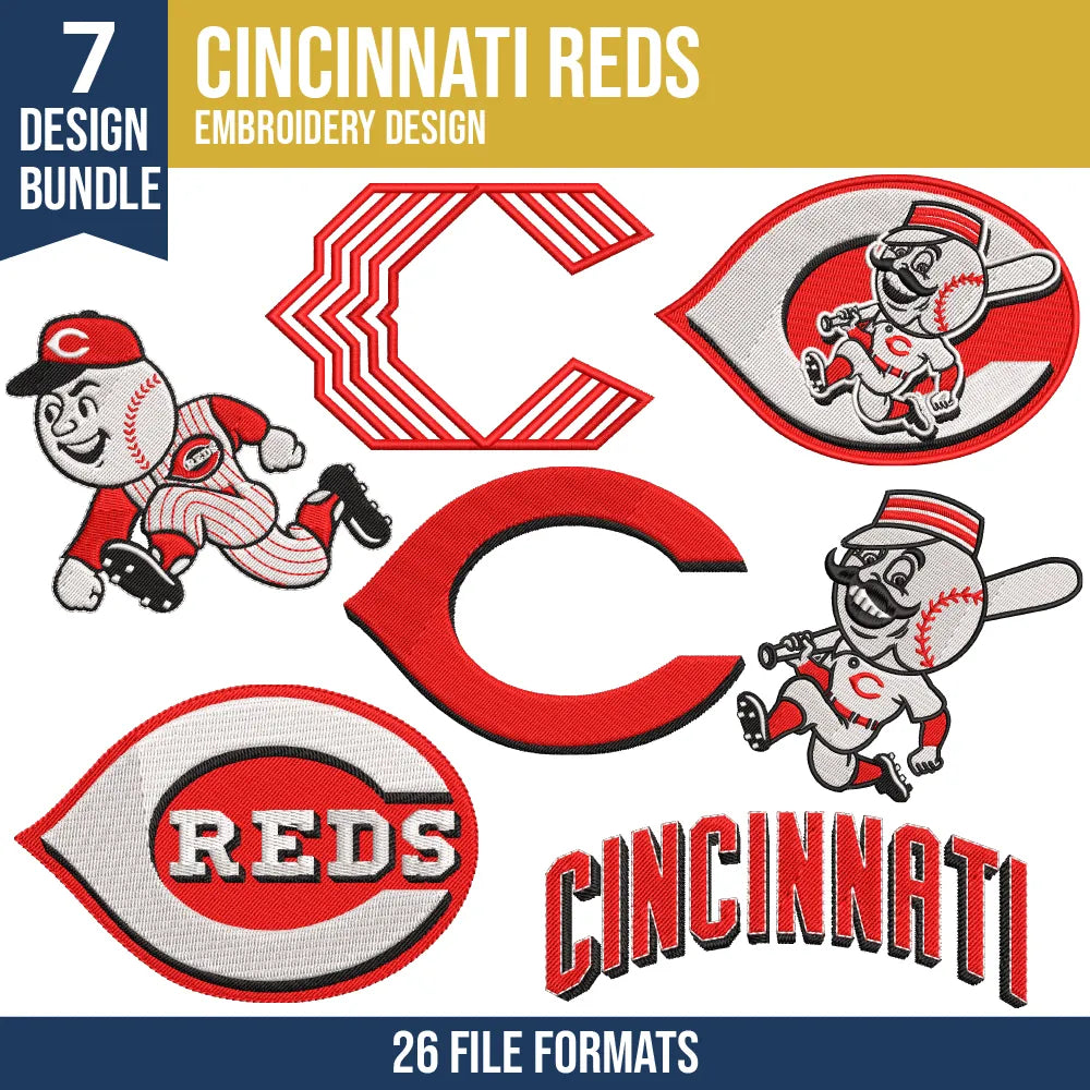 Cincinnati Reds Embroidery Design Bundle – 7 MLB Designs, 26 Formats