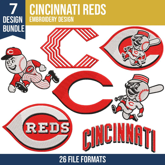 Cincinnati Reds Embroidery Design Bundle – 7 MLB Designs, 26 Formats