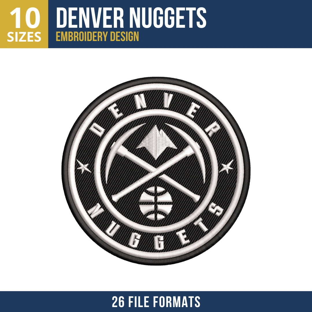 Black and White Monochrome Denver Nuggets Embroidery Design