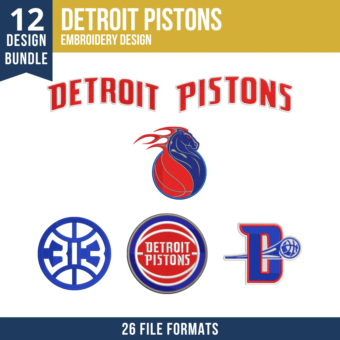 Detroit Pistons Embroidery Design Bundle | 12 Designs