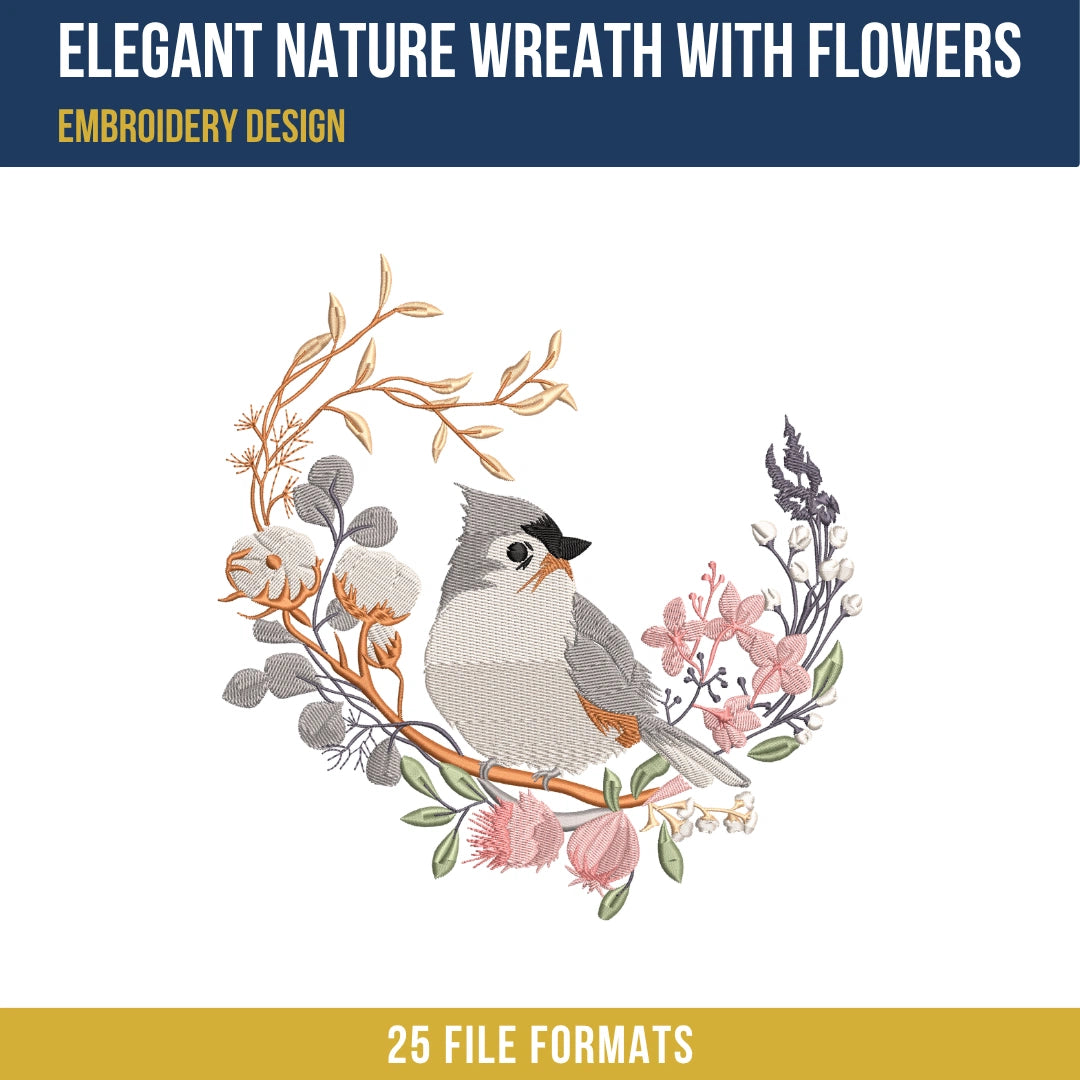 Elegant Nature Wreath With Flowers Embroidery Design