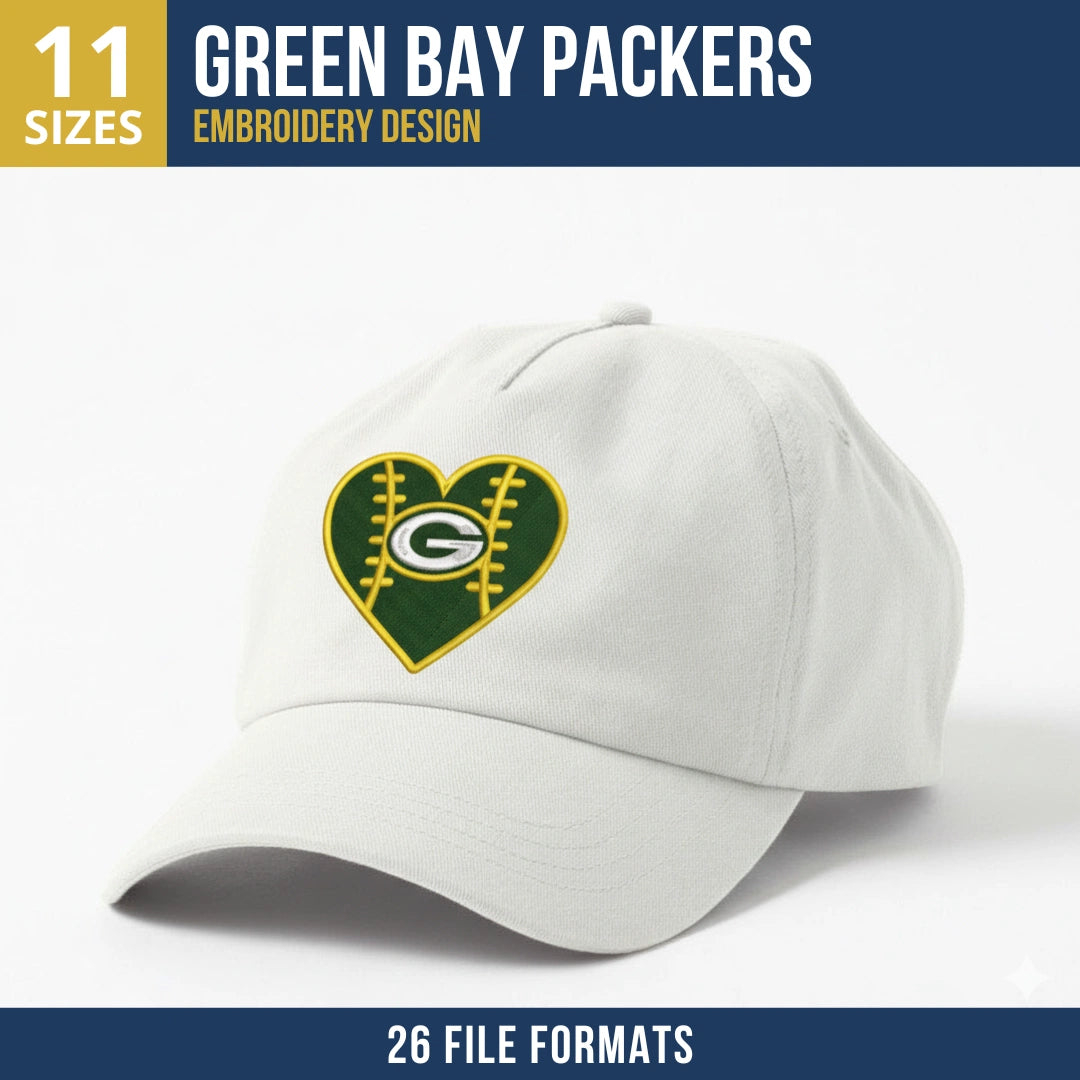 Green Bay Packers Heart Football G Logo Embroidery Design