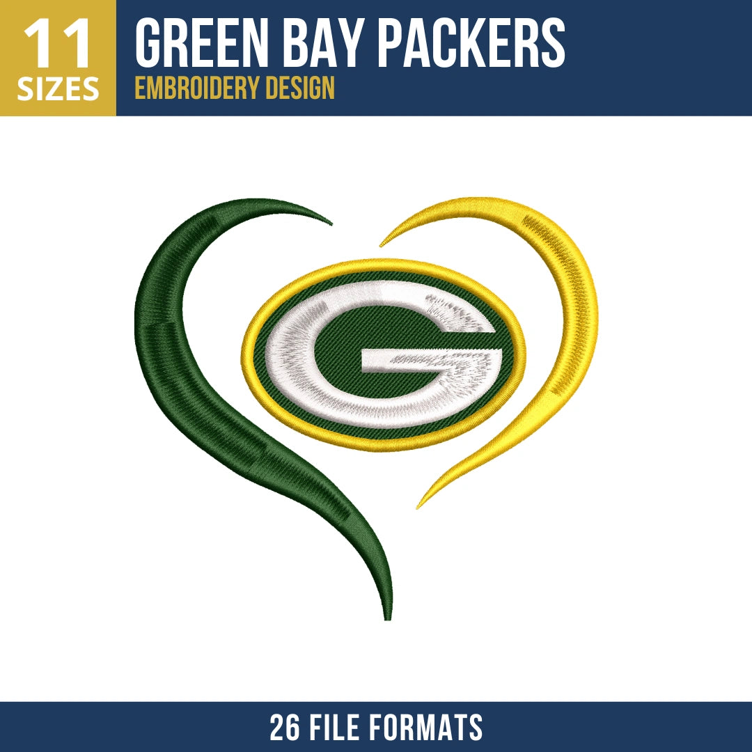 Green Bay Packers Heart G Logo Embroidery Design