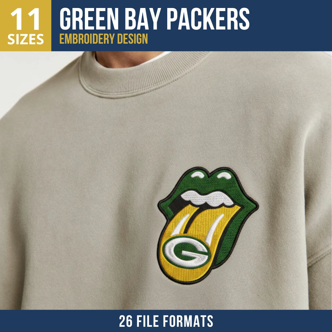Green Bay Packers Lips Tongue G Logo Embroidery Design