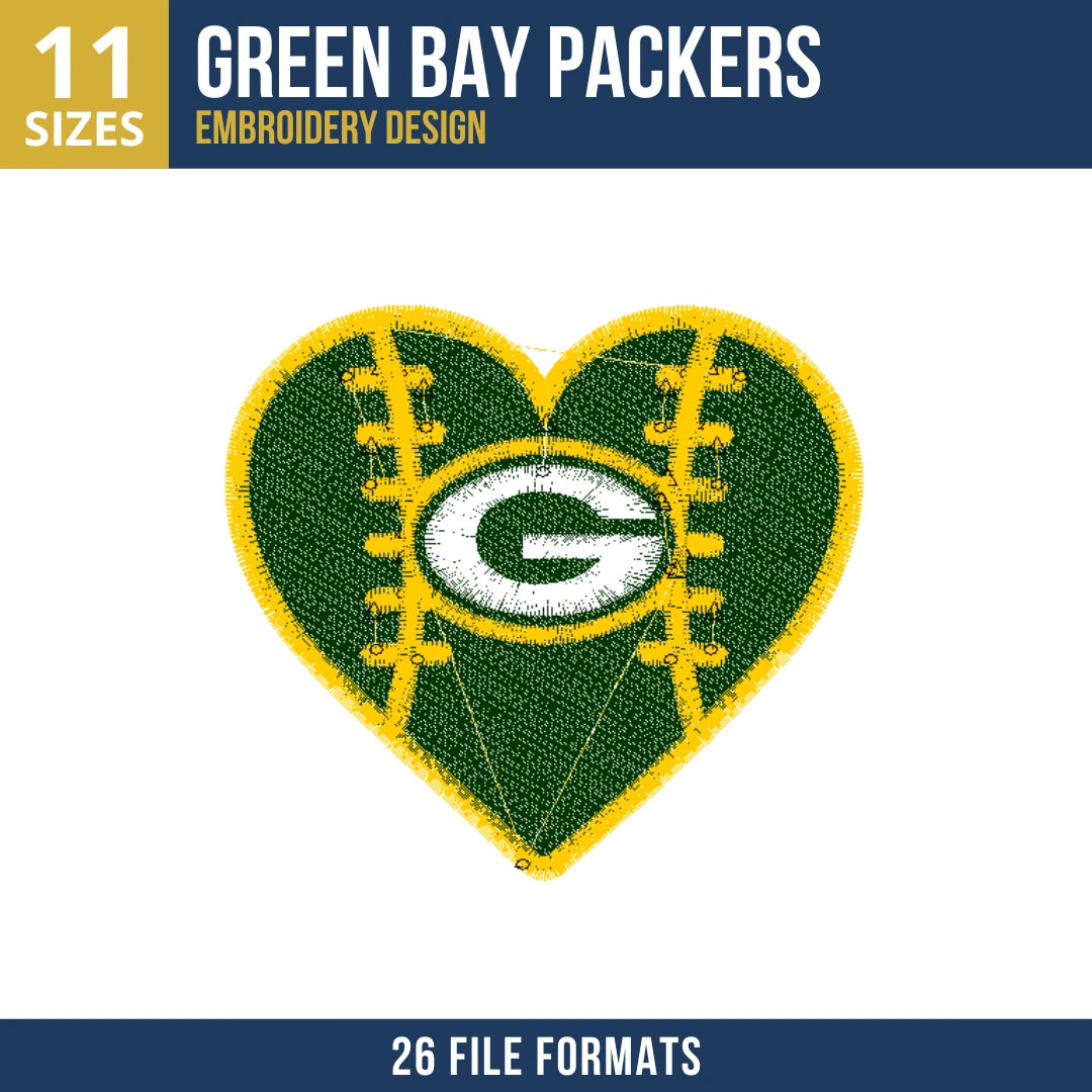 Green Bay Packers Heart Football G Logo Embroidery Design