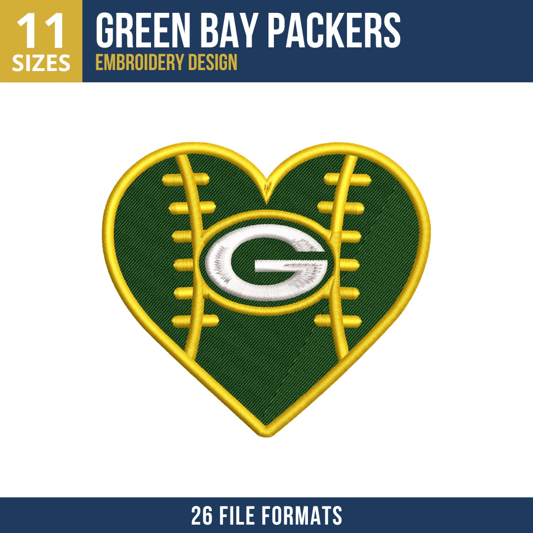 Green Bay Packers Heart Football G Logo Embroidery Design