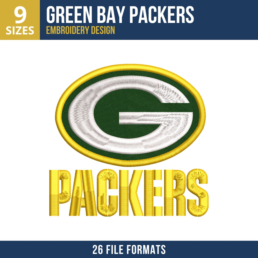 Green Bay Packers G Logo PACKERS Wordmark Embroidery Design