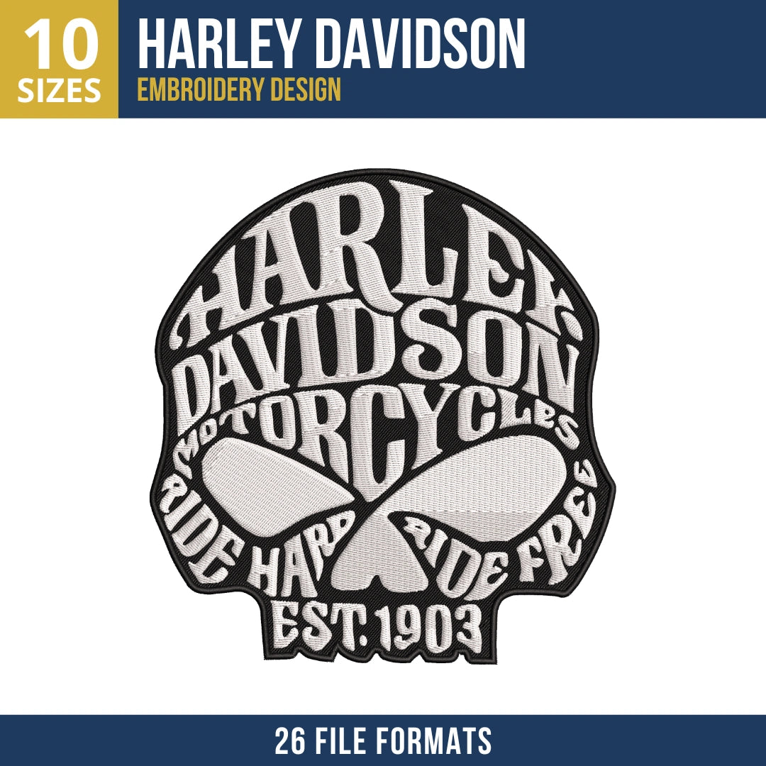 Harley-Davidson Ride Hard Skull Patch Embroidery Design