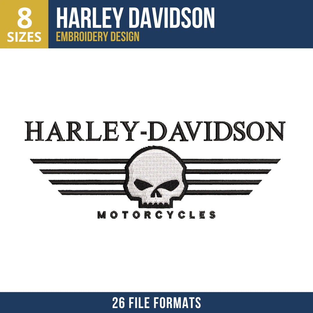 Harley-Davidson Skull and Wings Lockup Embroidery Design