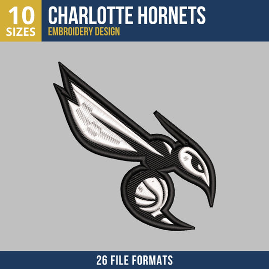Black and White Charlotte Hornets Mascot Basketball Embroidery Design