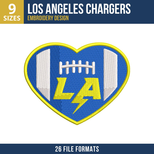 Los Angeles Chargers Heart Football Embroidery Design