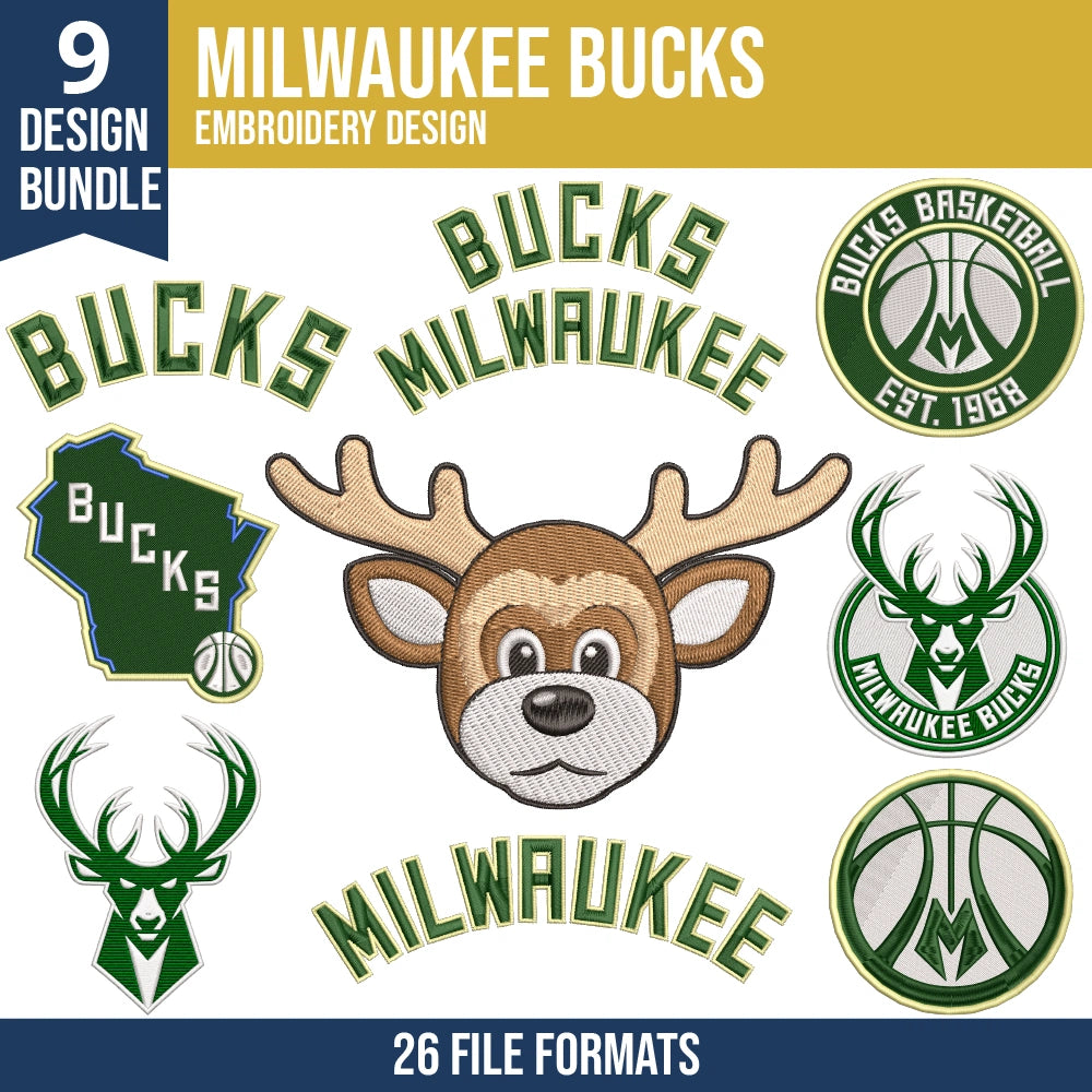 Milwaukee Bucks Embroidery Design Bundle | 9 NBA Logo Files
