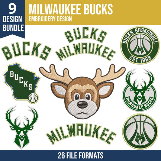 Milwaukee Bucks Embroidery Design Bundle | 9 NBA Logo Files