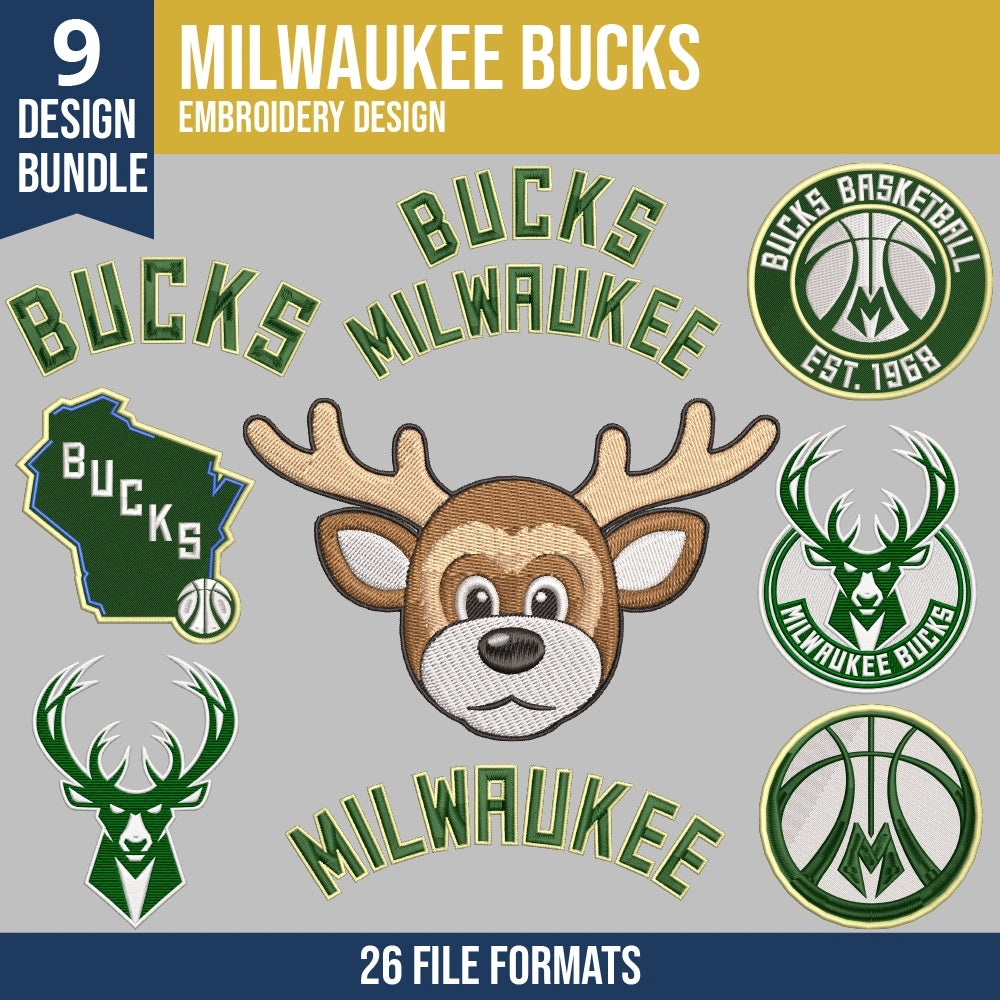 Milwaukee Bucks Embroidery Design Bundle | 9 NBA Logo Files