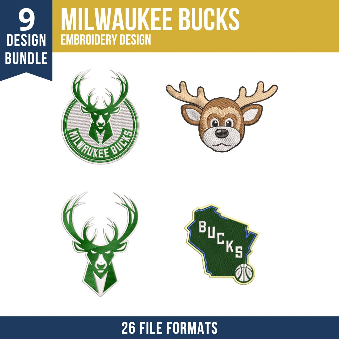 Milwaukee Bucks Embroidery Design Bundle | 9 NBA Logo Files