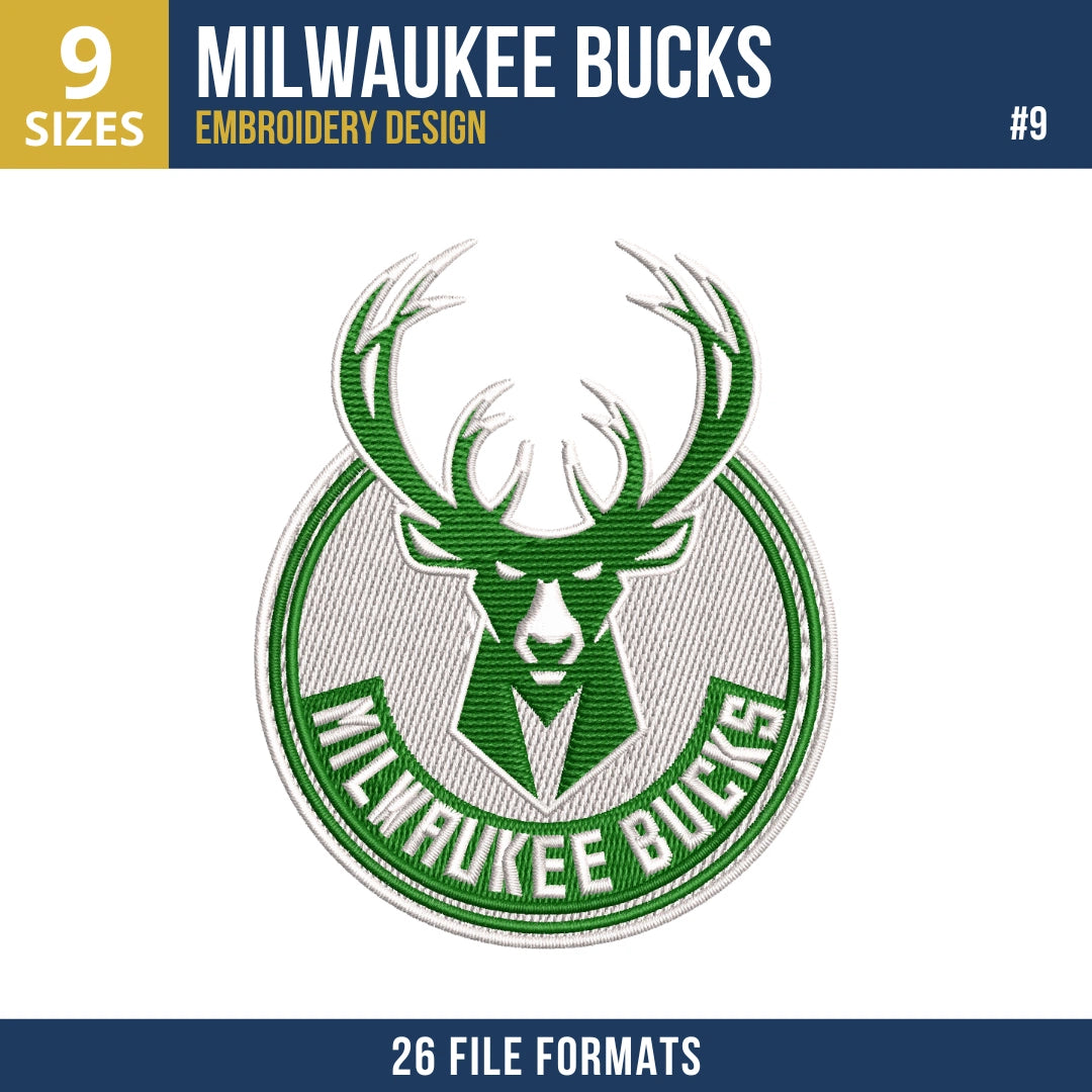 Milwaukee Bucks Embroidery Design Bundle | 9 NBA Logo Files