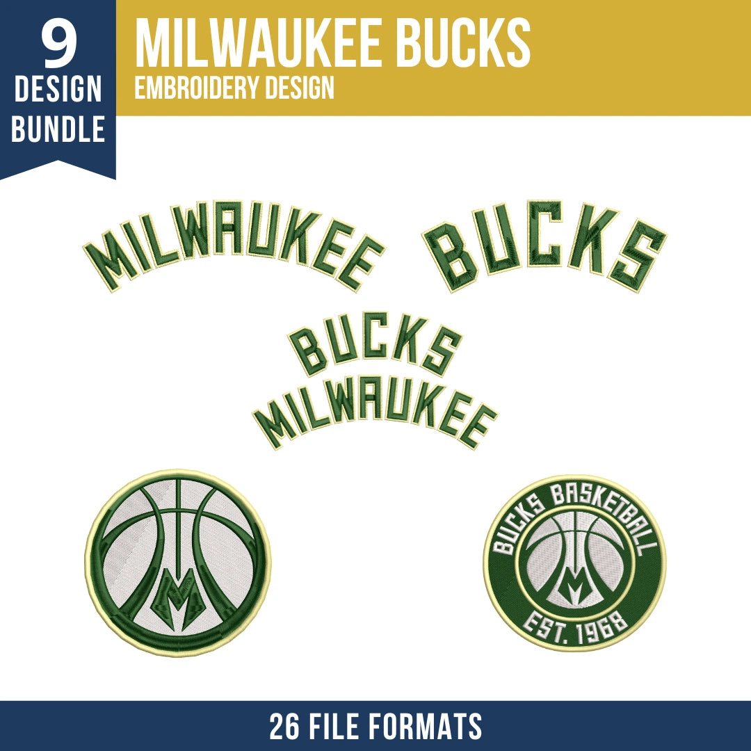 Milwaukee Bucks Embroidery Design Bundle | 9 NBA Logo Files
