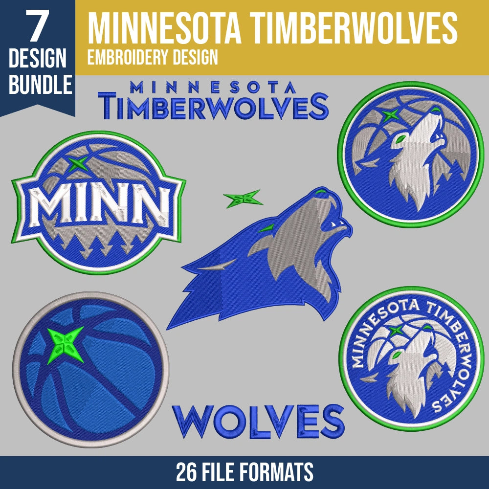 Minnesota Timberwolves Embroidery Design Bundle | 7 NBA Logo Files