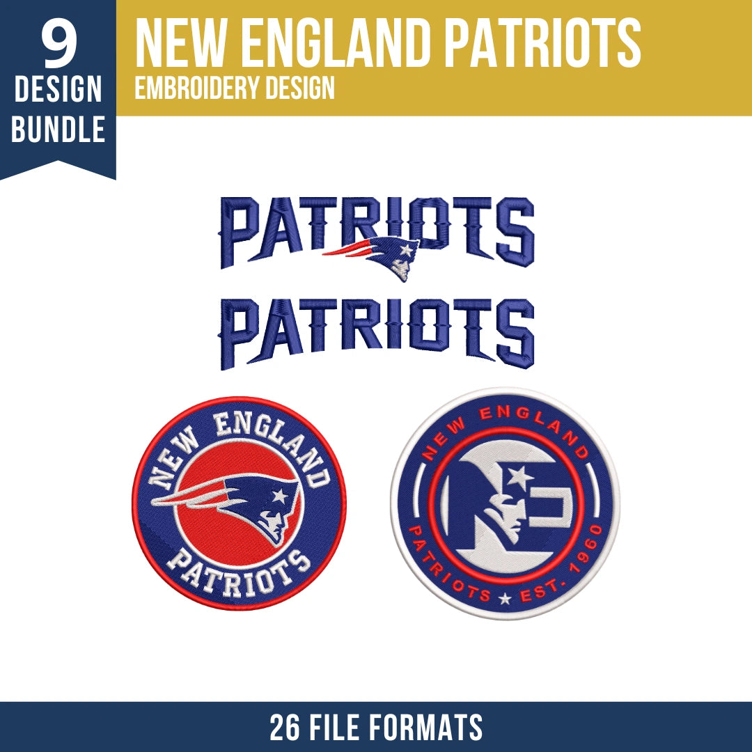 New England Patriots Embroidery Bundle – 9 Designs, 26 Formats