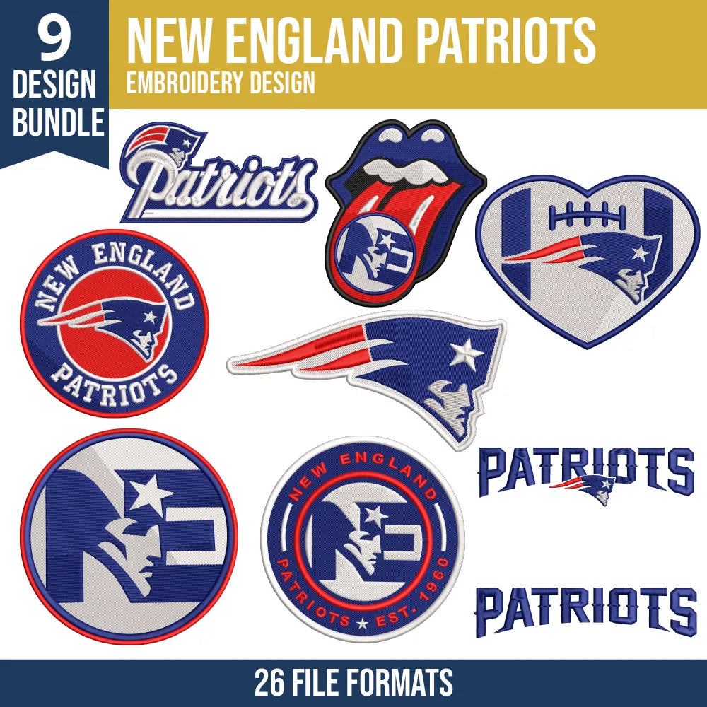 New England Patriots Embroidery Bundle – 9 Designs, 26 Formats