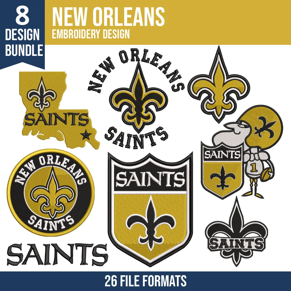 New Orleans Saints Embroidery Bundle – 8 Designs, 26 Formats