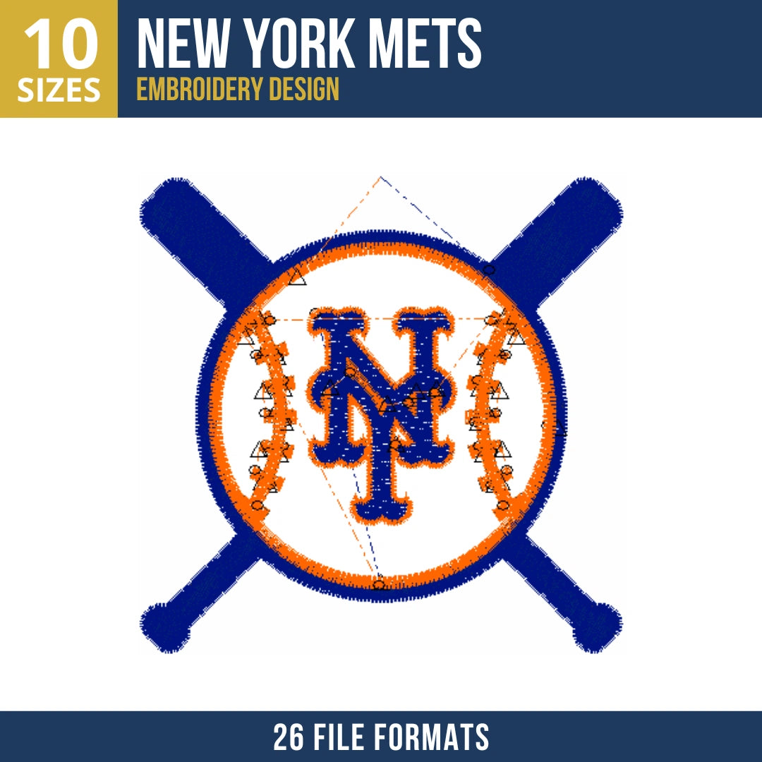 New York Mets NY Baseball Crossed Bats Embroidery Design