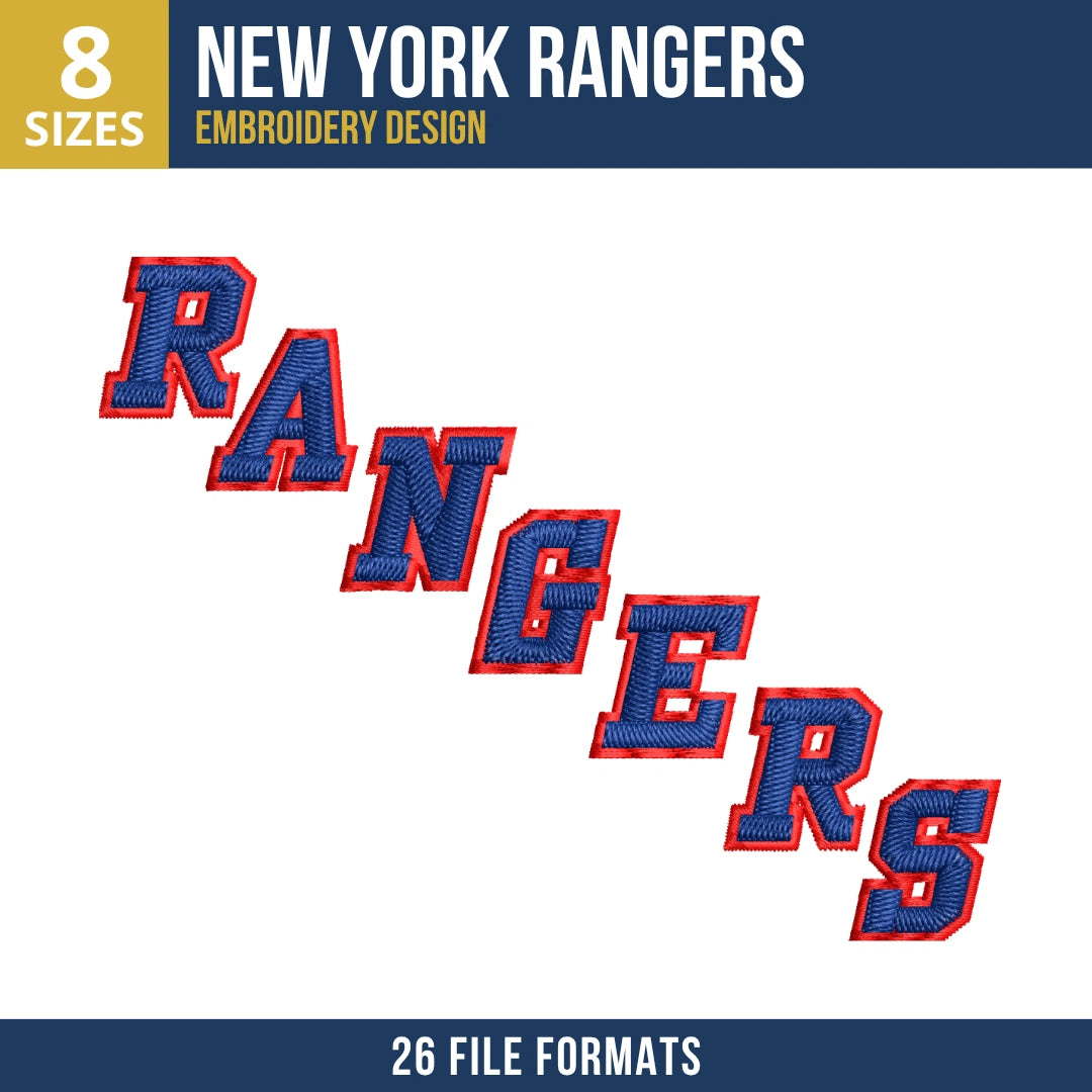 New York Rangers Diagonal Wordmark Embroidery Design | 8 Sizes | 26 Formats