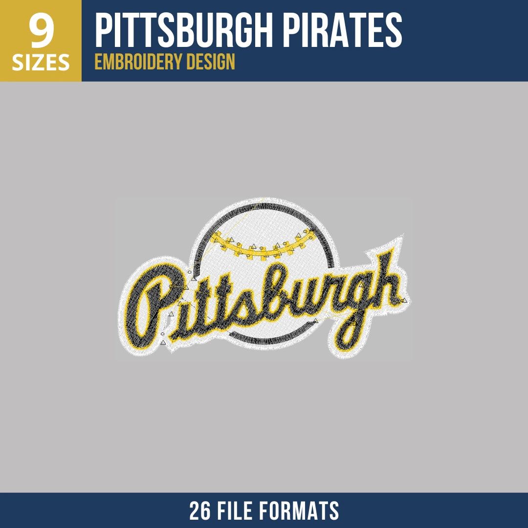 Pittsburgh Pirates Script with Baseball Embroidery Design