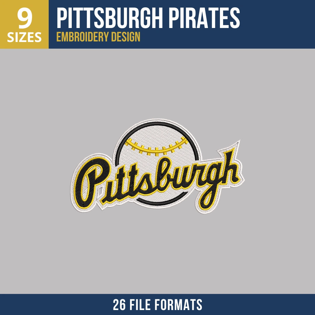 Pittsburgh Pirates Script with Baseball Embroidery Design