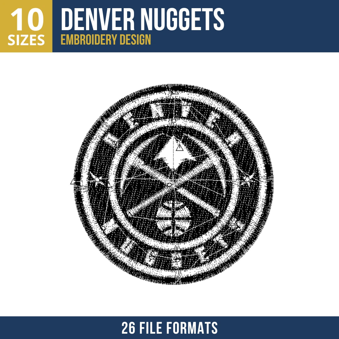 Black and White Monochrome Denver Nuggets Embroidery Design