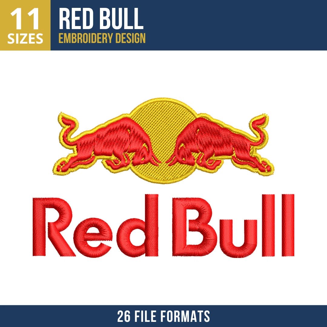 Red Bull Logo Embroidery Design with Charging Bulls and Sun Circle