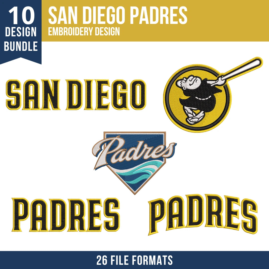 San Diego Padres Embroidery Bundle – 10 Designs, 26 Formats