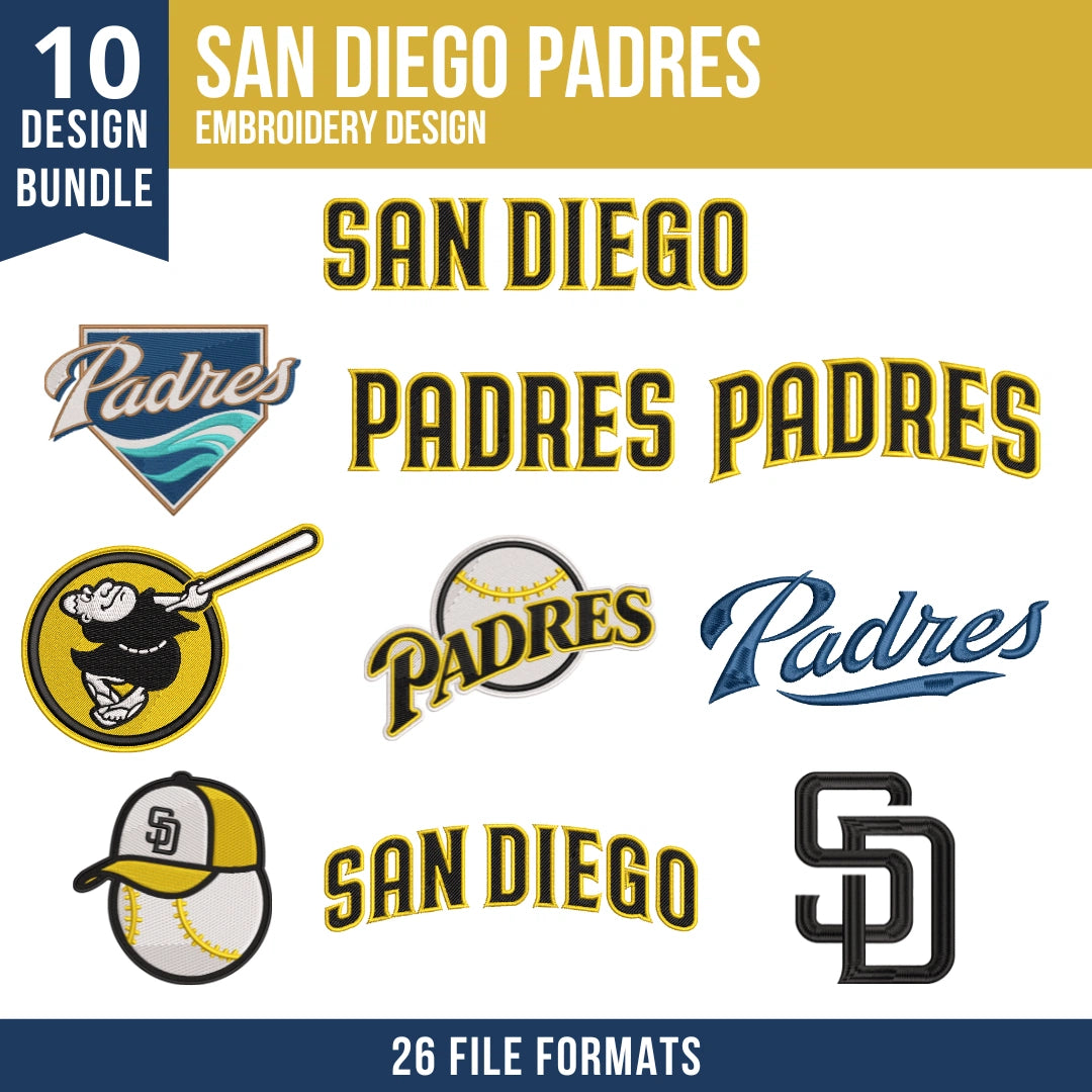San Diego Padres Embroidery Bundle – 10 Designs, 26 Formats
