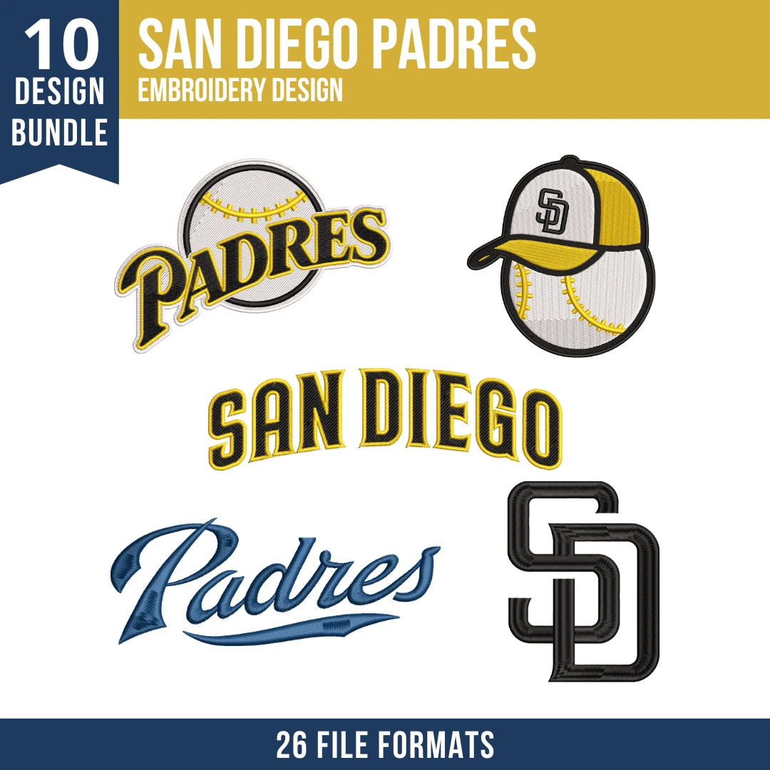San Diego Padres Embroidery Bundle – 10 Designs, 26 Formats